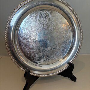 VINTAGE WM. ROGERS 4070 SILVERPLATE ROPE RIM EDGE ROUND SERVING TRAY 11"